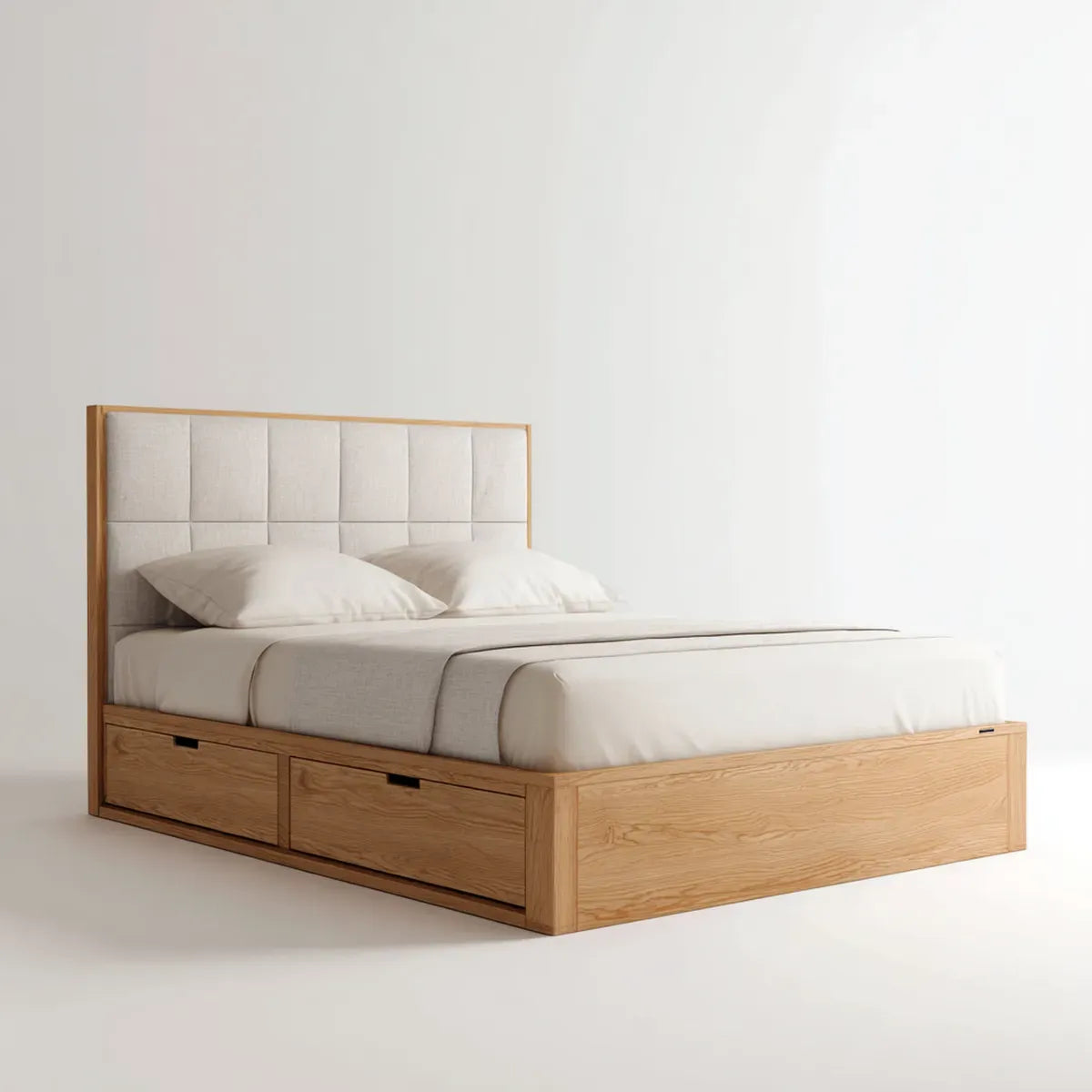 Letto matrimoniale contenitore con 2 cassetti rovere naturale e bianco 160 x 200 cm in MDF impiallacciato rovere con testiera in poliestere rettangolare