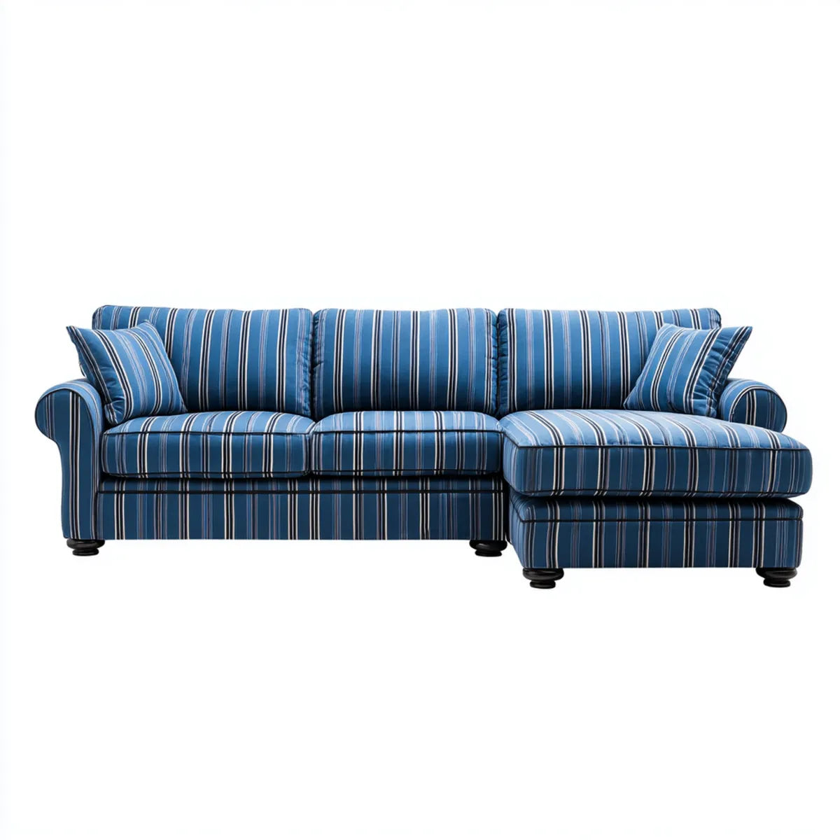Divano angolare con chaise longue destra blu a righe in poliestere 260 x 160 x 90 cm