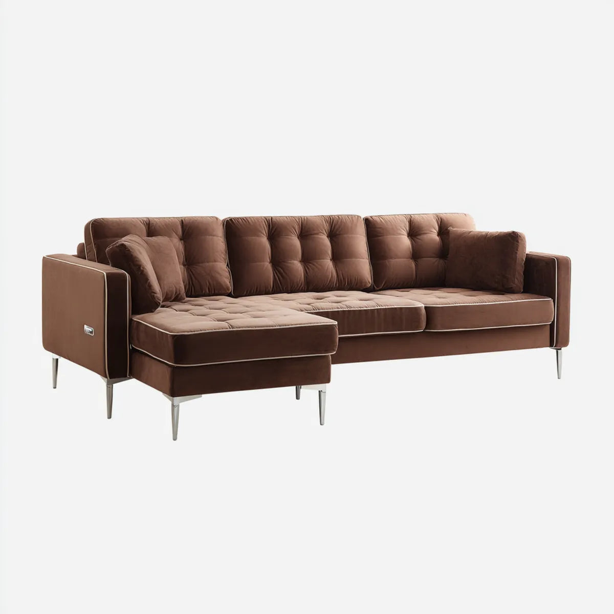 Divano angolare con chaise longue sinistra marrone in velluto di poliestere 290 x 165 x 88 cm