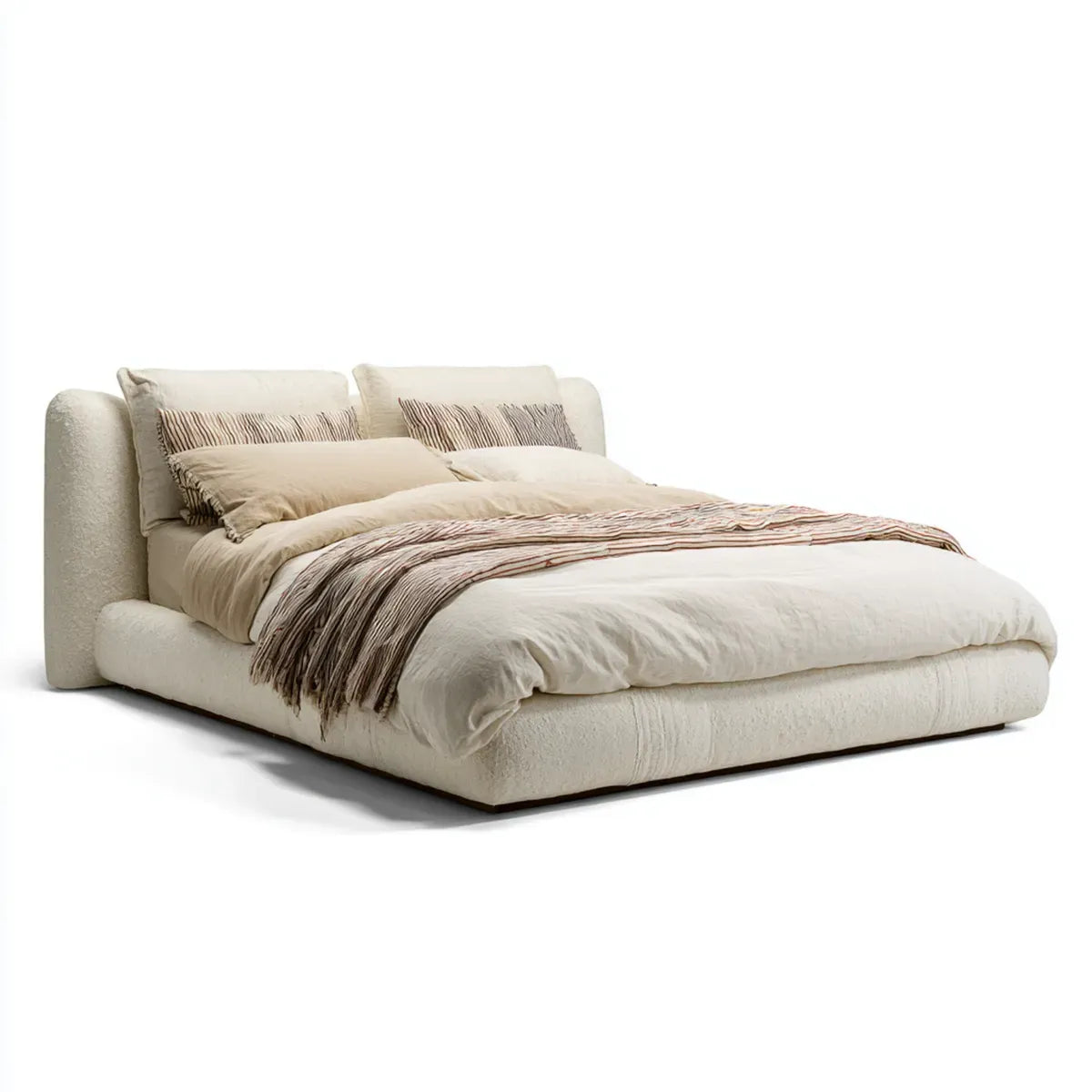 Letto matrimoniale imbottito avorio 180 x 200 cm in poliestere bouclé con testiera arrotondata