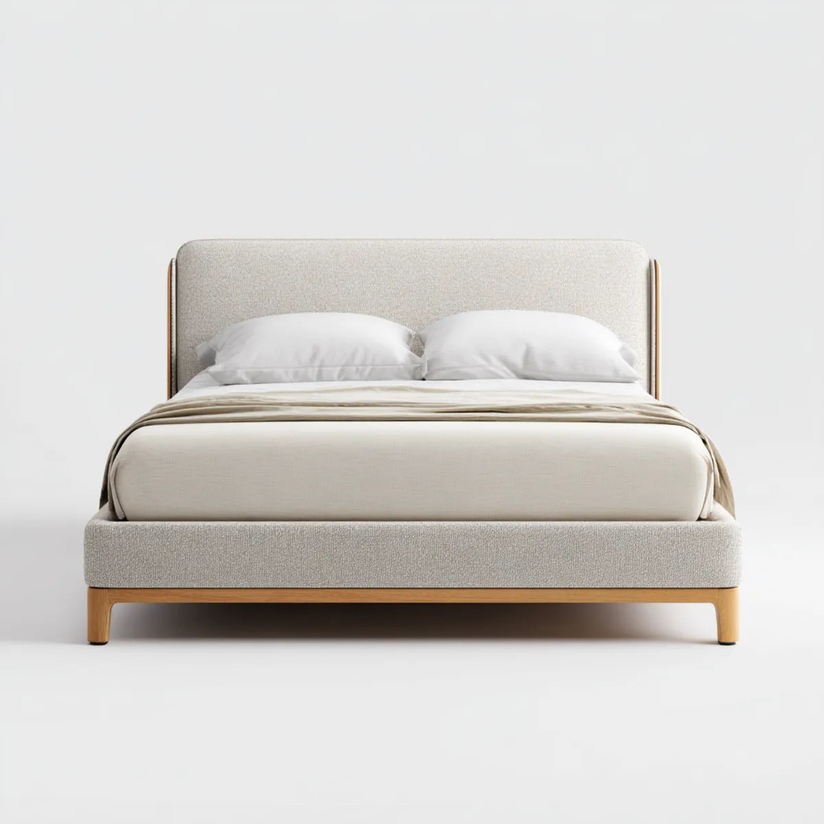 Letto matrimoniale imbottito beige 160 x 200 cm in poliestere con struttura in legno massello rettangolare